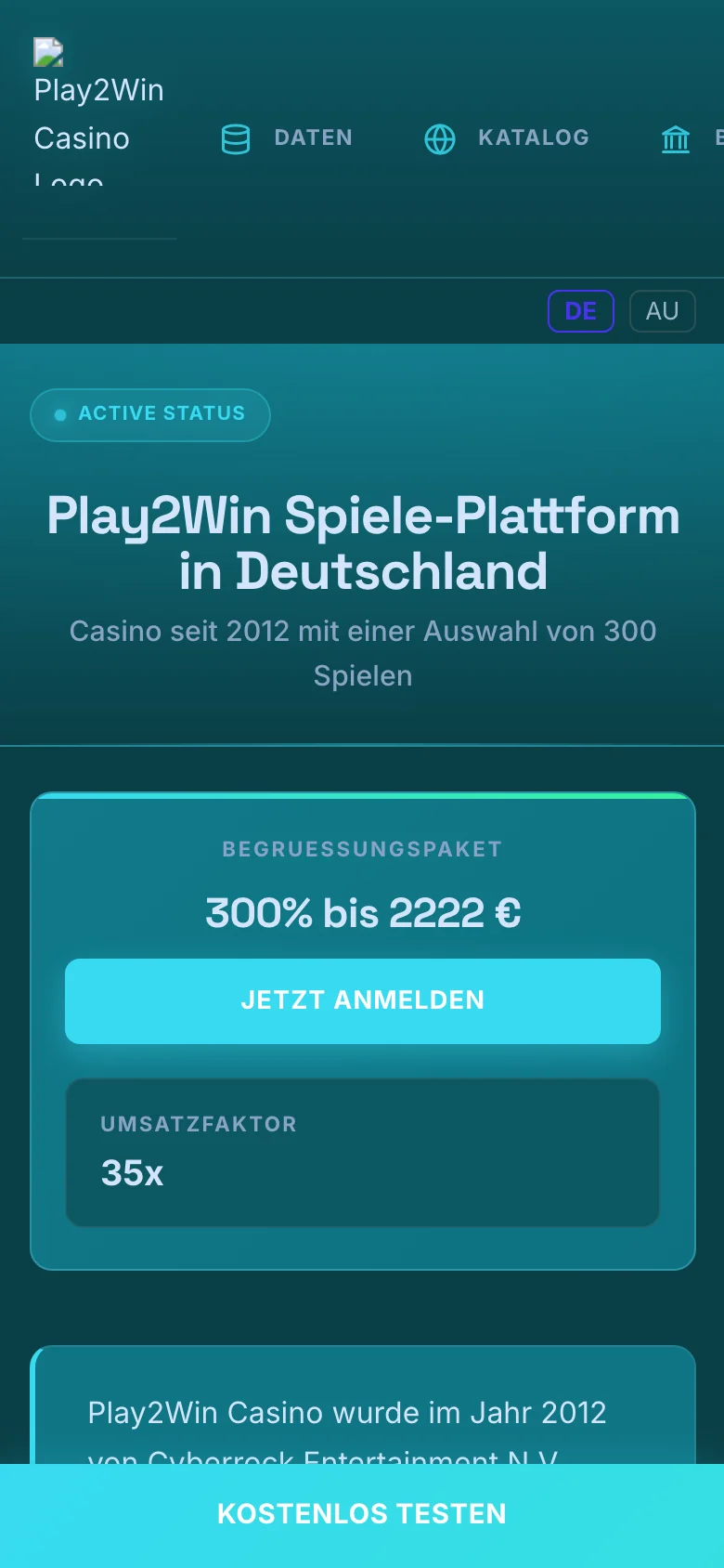Play2Win Casino mobile lobby screenshot