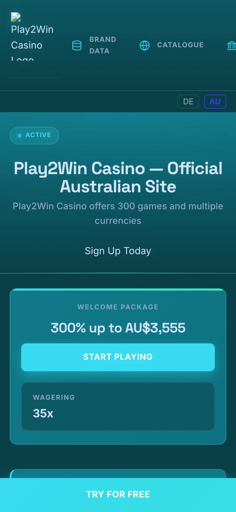 Play2Win Casino mobile lobby screenshot